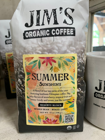 Coffee, Jim's Organics, Summer Sunshine Blend Coffee,  light roast,whole bean, 12oz.